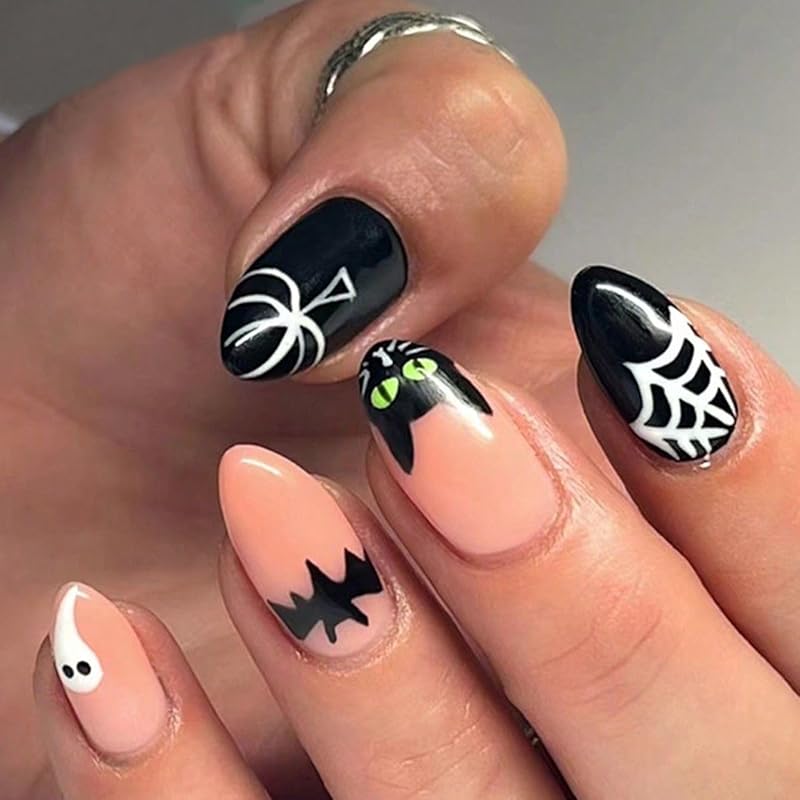 24Pcs Halloween Press on Nails Short Oval Fake Nails with Ghost Pumpkin Design Almond Cute Halloween Nails Press ons Gel Acrylic Glue on Nails