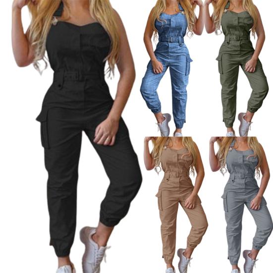 Cargo-Jumpsuit Knöchelgebunden Schulterträger Frühling Sommer Einfarbige Neckholder-Jumpsuit für