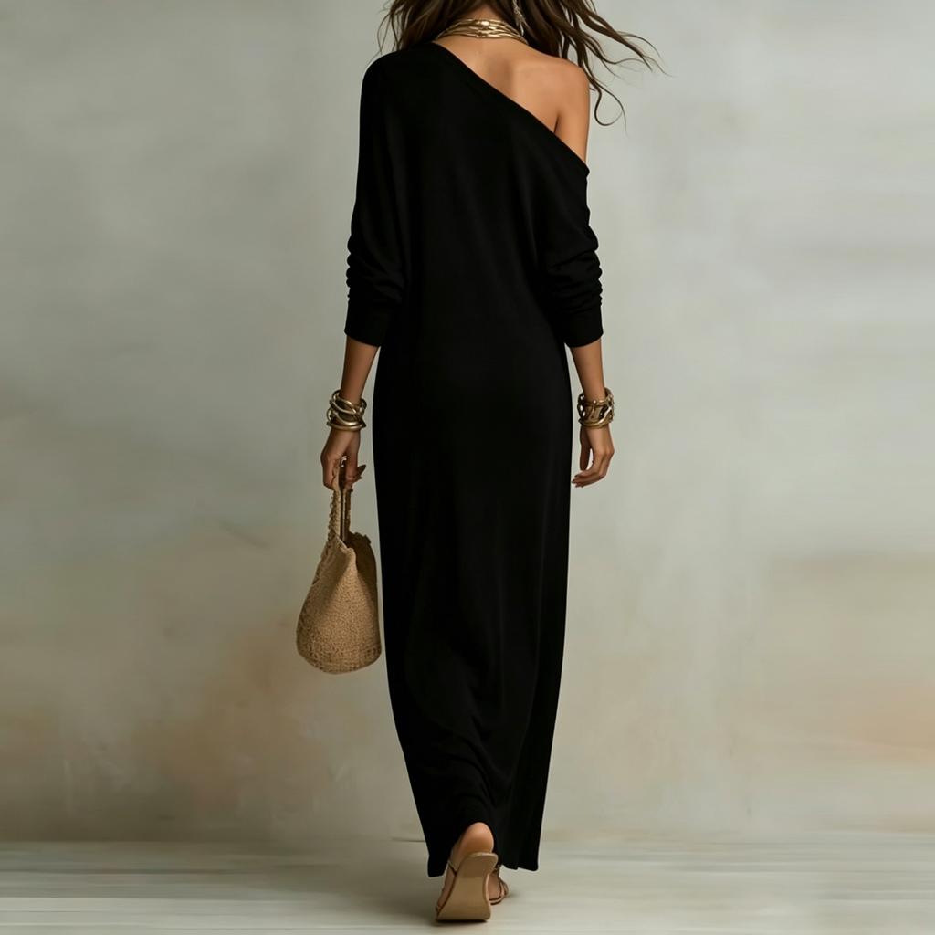 Women Long Sleeve Knit Ruched Split Maxi Dress Casual Loose Fit Off Shoulder Design Soft Fabric Elegant Style