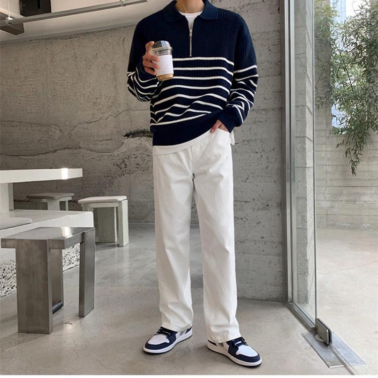 Men's Retro Striped Half-Zip Polo Sweater - Casual Korean Autumn Lapel Style