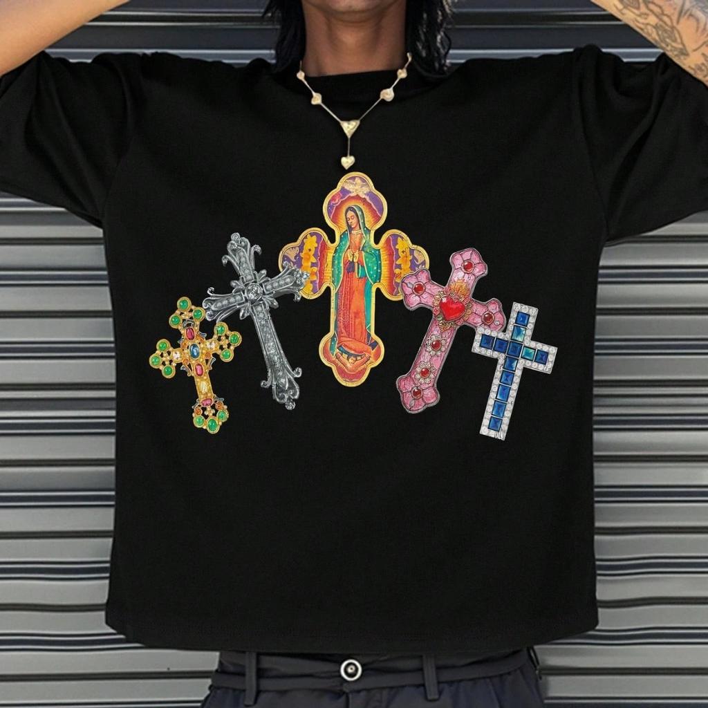 STREETRICH Comfortable Mens White Crew Neck T-Shirt Cross Jesus Print T-Shirt Vintage Shirt Graphic T-Shirt Pro Choice Streetwear