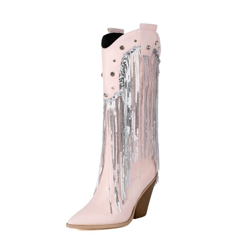Fashion Ivory Rose Color Pointed Toe Western Cowboy Boots with Sequins Fringes Chunky High Heels Knee-high Glitter Mid-calf Boot Shoes