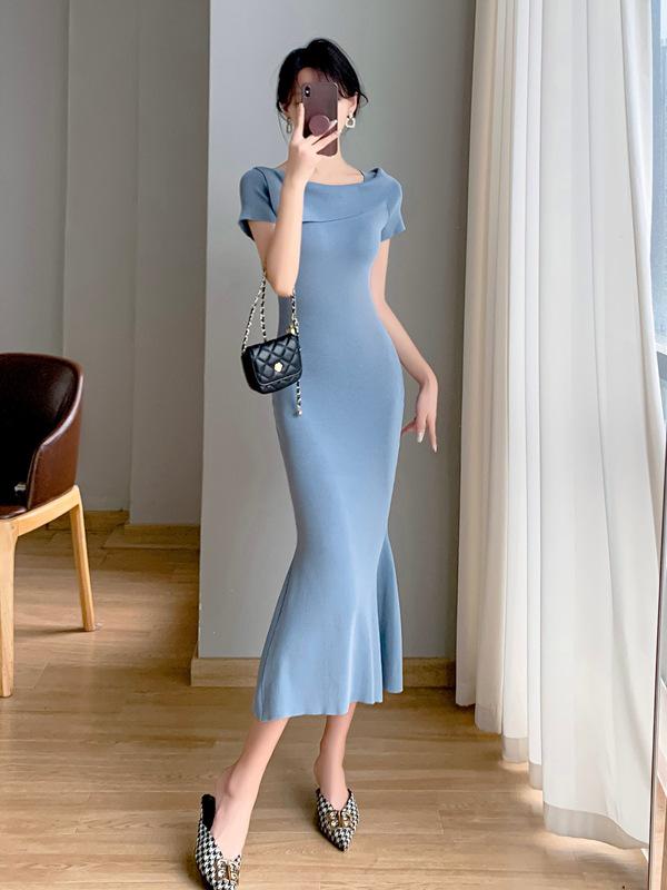 

Spring/Summer Knitted Ice Silk Short Sleeve Fishtail Dress Medium синий
