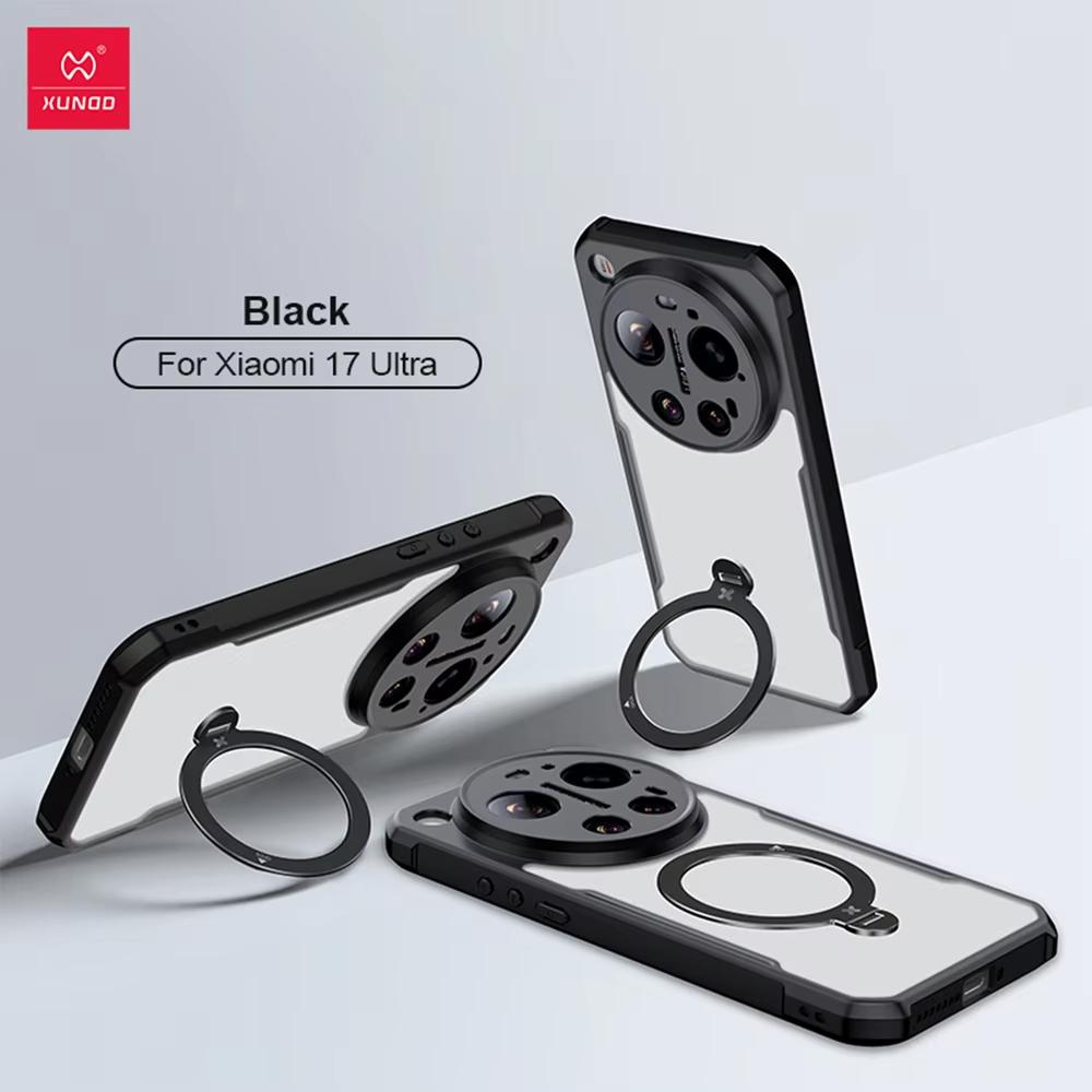 XUNDD Чехол для Xiaomi 17 Ultra Роскошный чехол Матовый прозрачный чехол-накладка Ударопрочные защитные чехлы с вращающейся магнитной подставкой-держателем For Xiaomi 17 Ultra чёрный