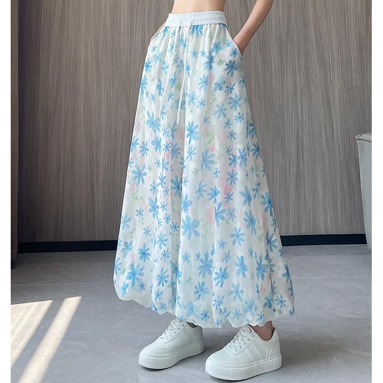 Letní dámské potištěné tenké kalhoty s vysokým pasem a širokými nohavicemi ke kotníkům, kalhoty-sukně s kapsou pro hiphopovou dívku