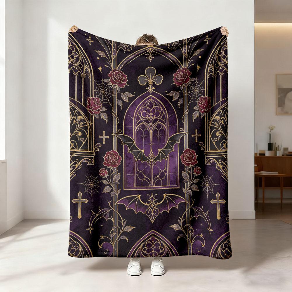 230g flannel blanket with a Gothic rose, bat, and cross pattern, suitable for all seasons and perfect as a gift