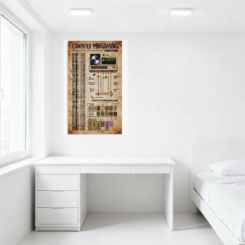 Vintage Computer Programming Knowledge Metal Tin Sign, CRT Monitor & Periodic Table Style Plaque, Retro Computing Wall Decor for