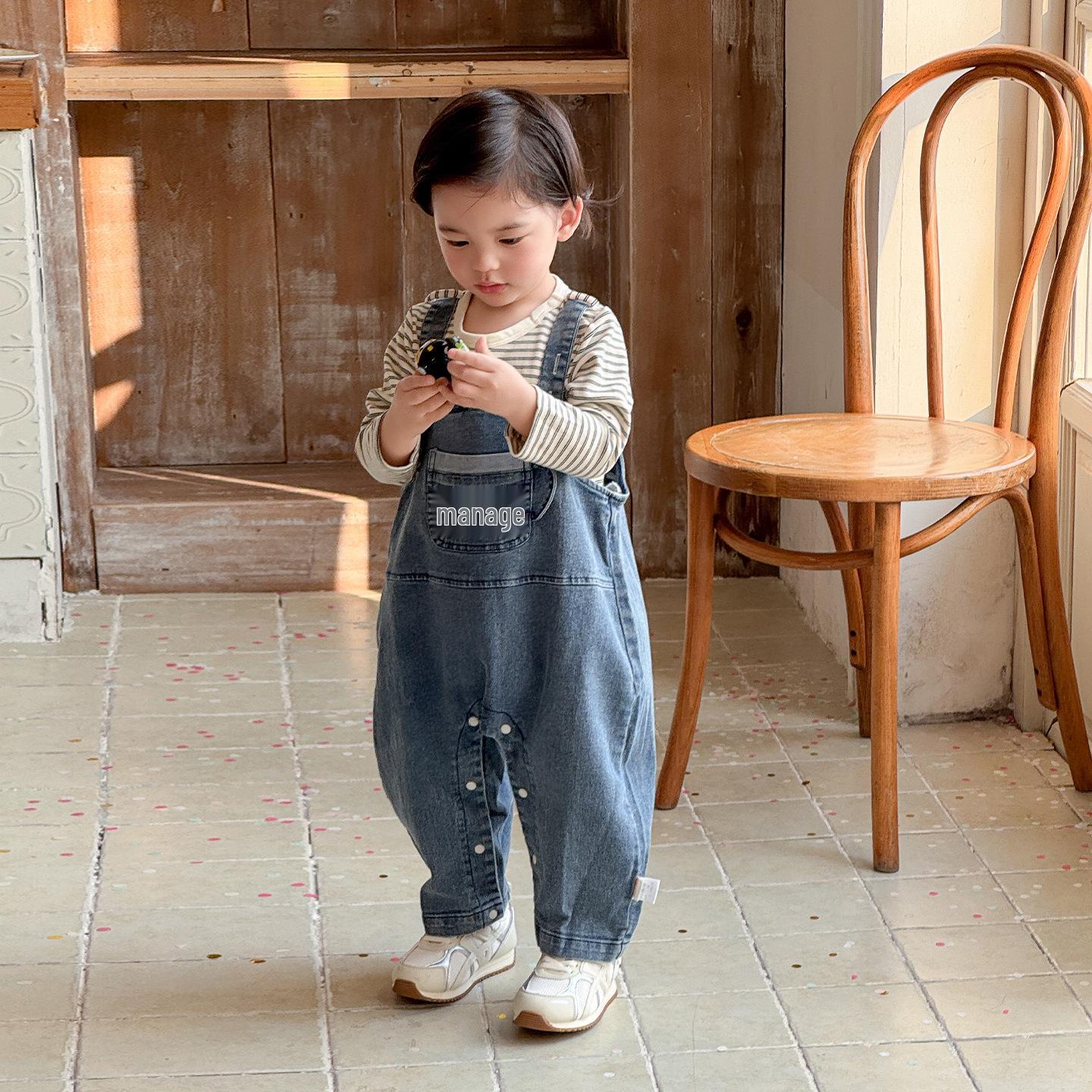 Spring 2026 Korean Style Boys Striped Base Layer Denim Overalls Set 100 cm