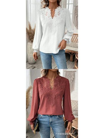 Autumn/Winter V-Neck Lace Long Sleeve Casual Solid Color Women's Top
