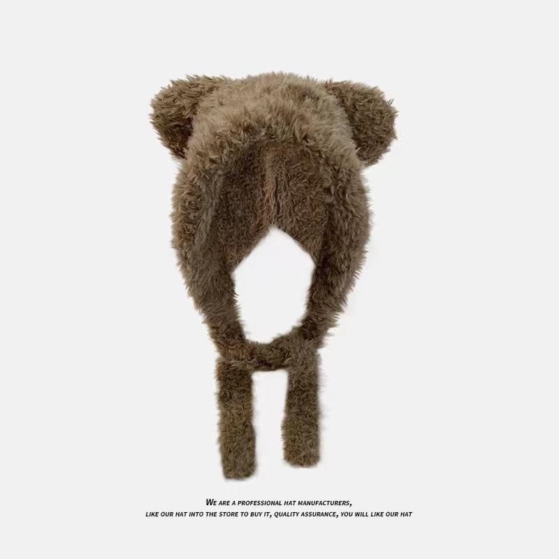 Korean Style Bear Ear Winter Hat, Cute Plush Knit Cap with Ear Flaps, Thermal Fuzzy Beanie for Women, Animal Themed Cold Weather Cap