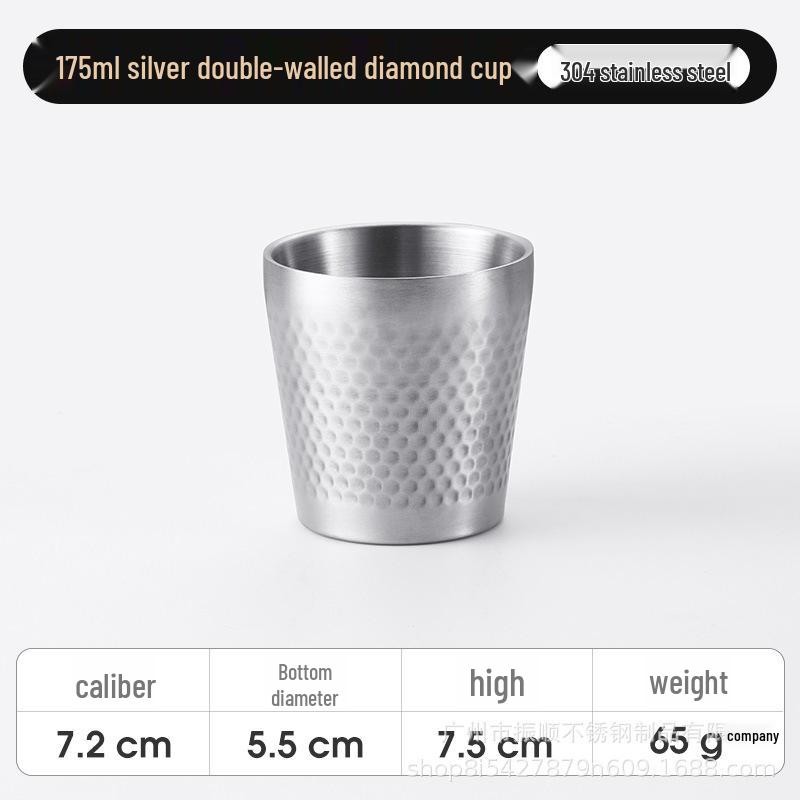 Korean Style 304 Stainless Steel Double-Layer Hammered Diamond Cup for Milk, Tea, Beer, or Coffee.