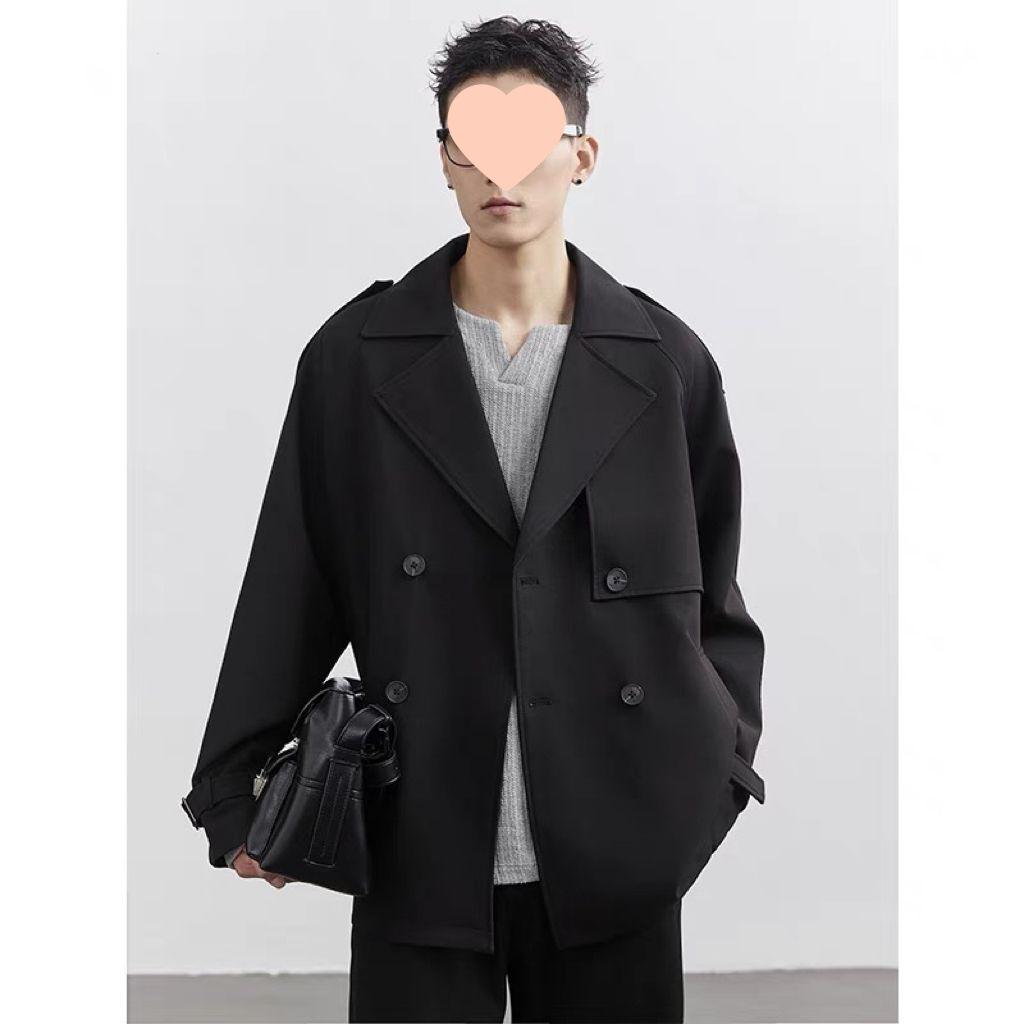 

Мужской короткий тренч 2025: Однотонный в корейском стиле, свободного кроя, с пиджачным воротником, повседневная одежда для весны и осени XL (Recommend 135-150 jin)