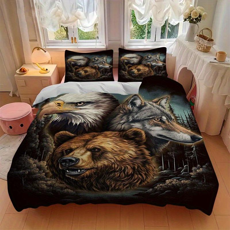 3pcs Eagle Wolf Bear Bedding Set Down Comforter Cover and Pillowcases, Suitable for Guest Room Home Decoration All Seasons(No Insert) S0819023