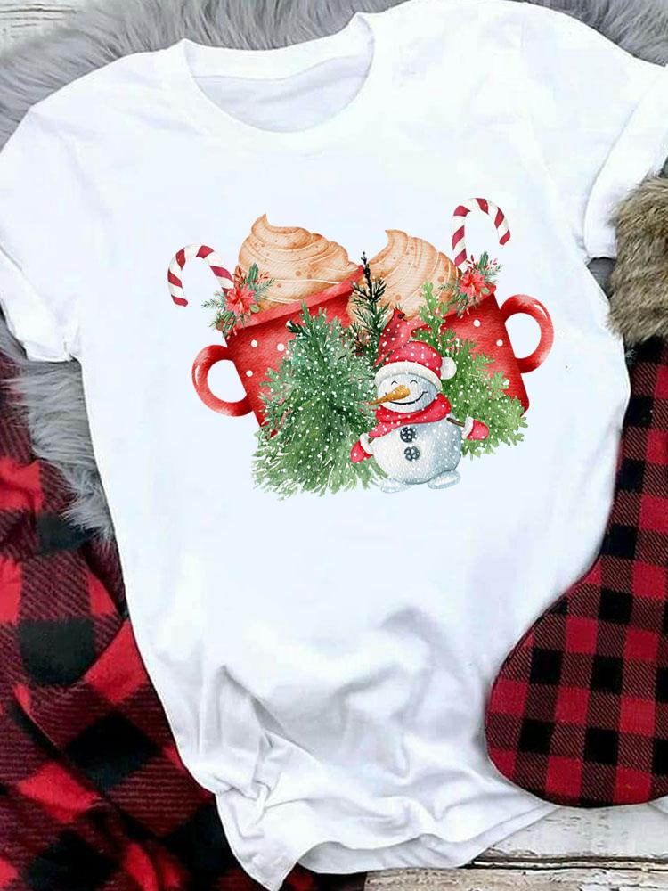(Asian Size) style cartoon cute Merry Christmas tee Top festival New Year Holiday Casual Lady Short Sleeve Fashion Women Print Graphic T-shirts