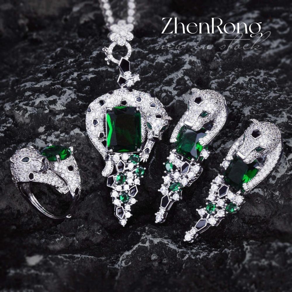Royal Blue Sapphire Panther Necklace Set Emerald Pendant Blue Diamond Earrings Green Diamond Ring Women Jewelry