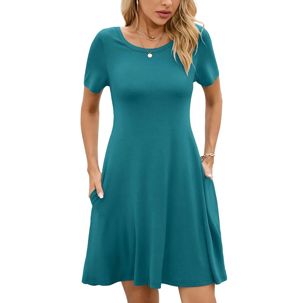 Dámské módní jarní a letní šaty s kulatým výstřihem, jednobarevné, s krátkým rukávem, áčkového střihu