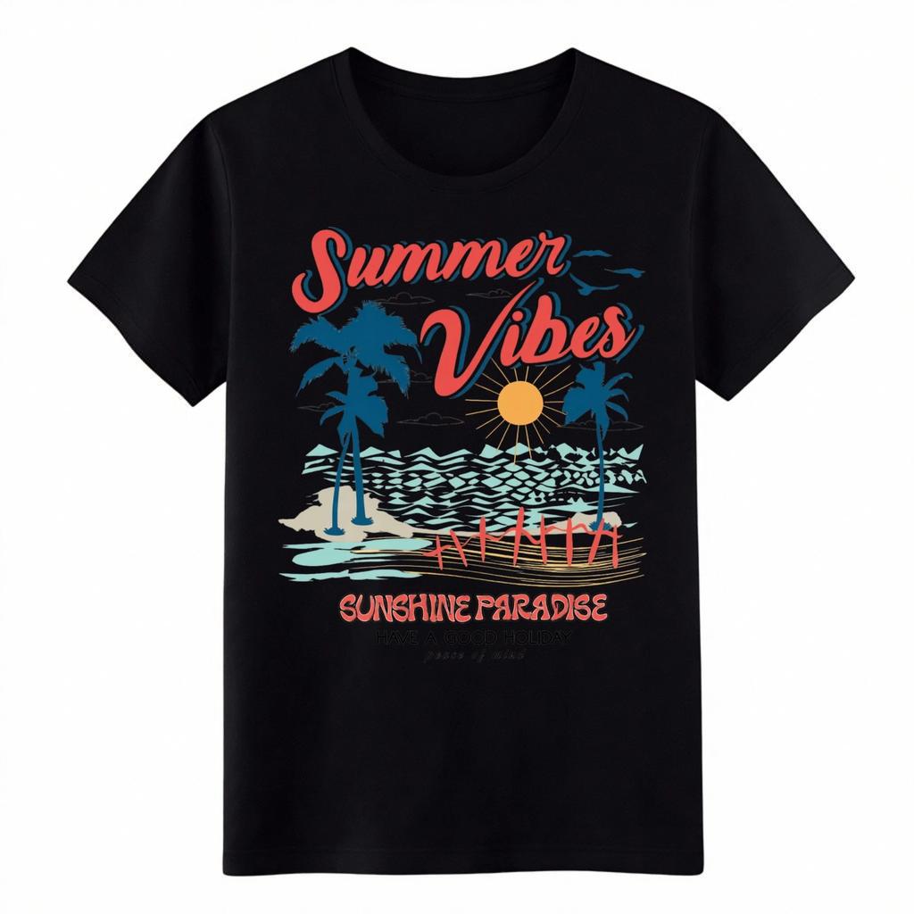 Summer Vibes Retro Beach Palm Tree Graphic Casual Cotton T-Shirt for Men Women