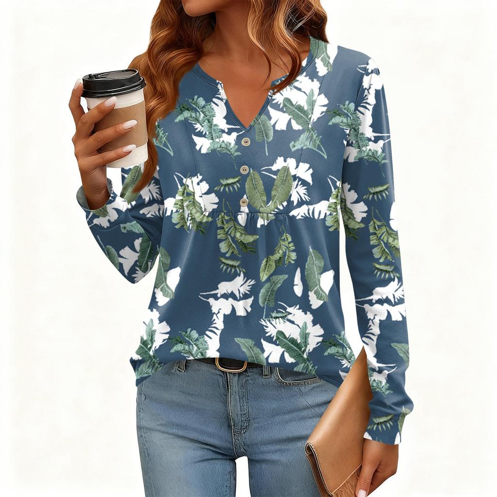 Women's Relaxed,Fit V,Neck Vintage Color,Blocked Floral Print Long,Sleeve Pullover Tee