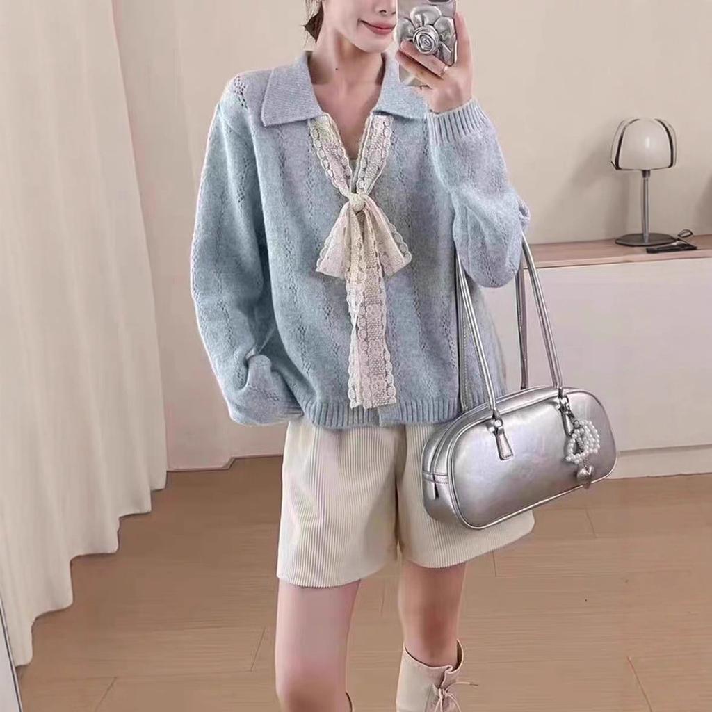Lace Lace-up Lapel Knitted Cardigan Top Autumn and Winter New Loose Lazy Sweater Jacket Women