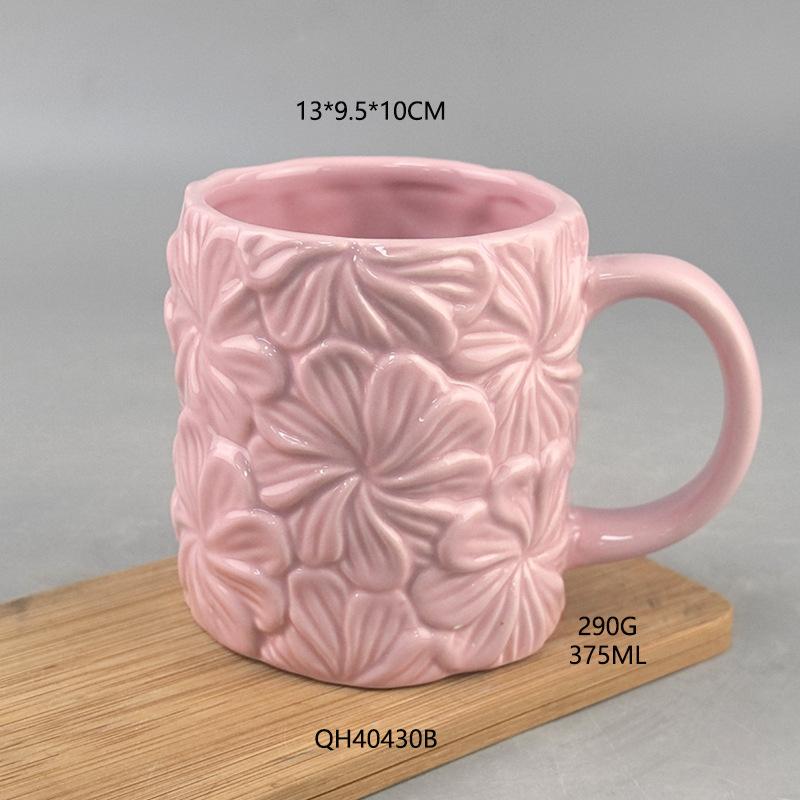 Creative, High-looking, Exquisite Tender Pink Embossed Flower Ceramic Mug for Girls, Springy Home Coffee Cup for Drinking Water