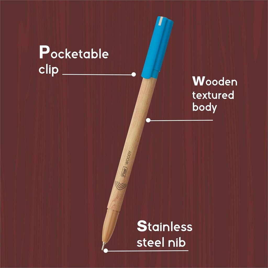 Flair Woody 0.7mm Ball Pen Pack of 1 X 10 | Smooth Blue Ink Writing for School, Office & Journaling