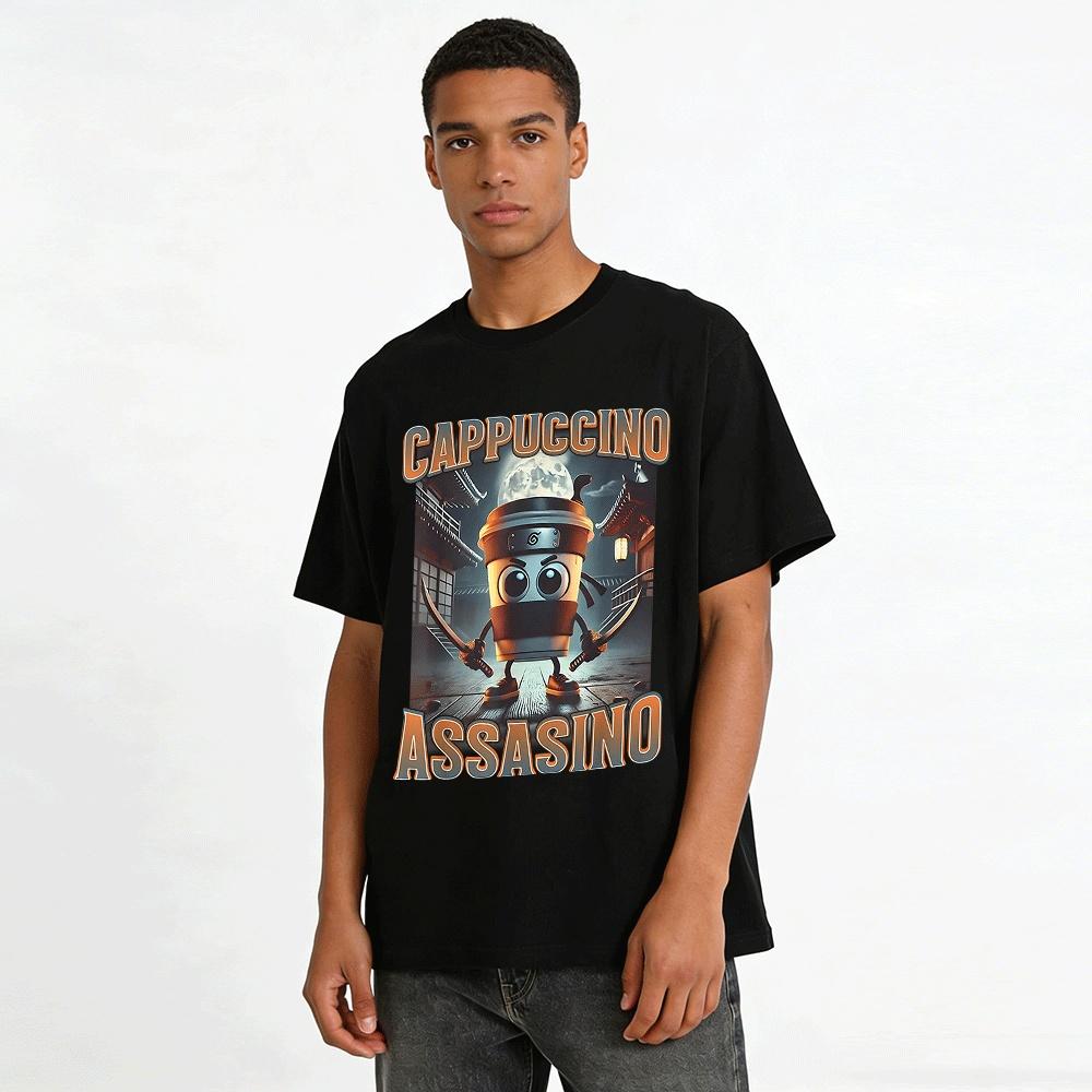 Funny Ninja Cappuccino Graphic Casual Short Sleeve T-Shirt Pure cotton T-shirt