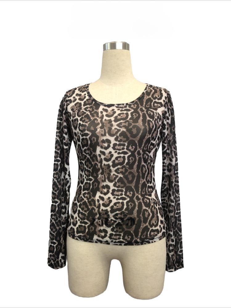 Independent Station Summer Women's Fashion Transparent Leopard Printed Mesh Round Collar Long Sleeve Slim T-shirt Versatile Fashion Shirt