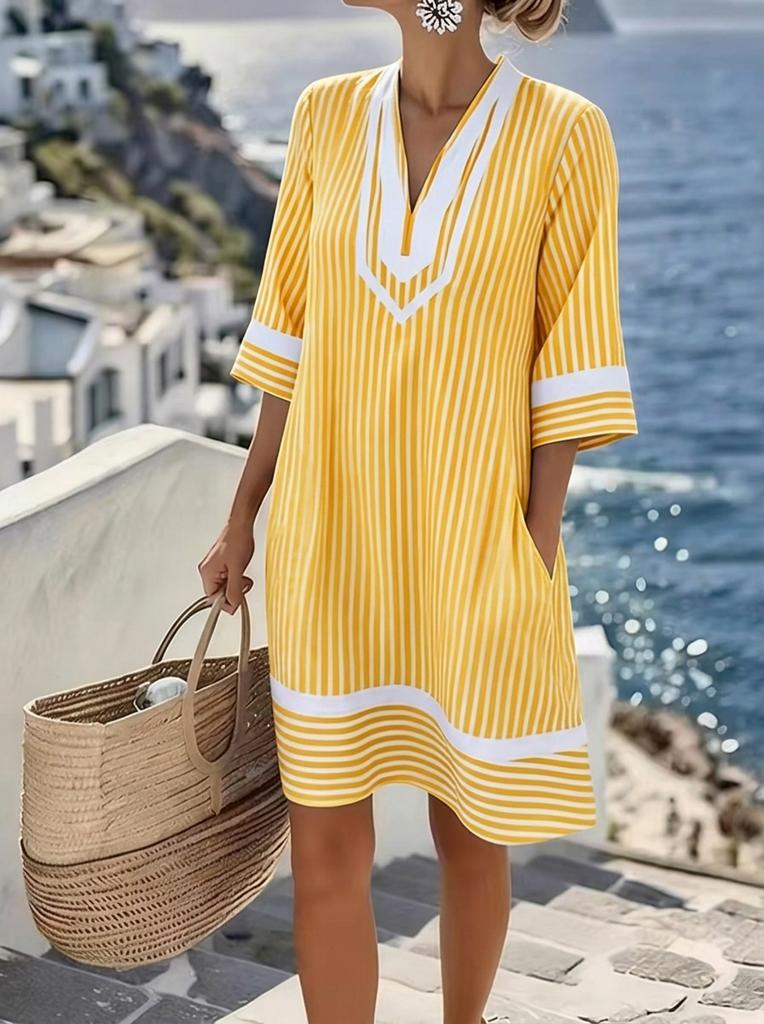 Damen gestreiftes V-Ausschnitt Midi-Kleid Kurzarm Lässig Lockerer Schnitt Sommerkleid mit Tasche