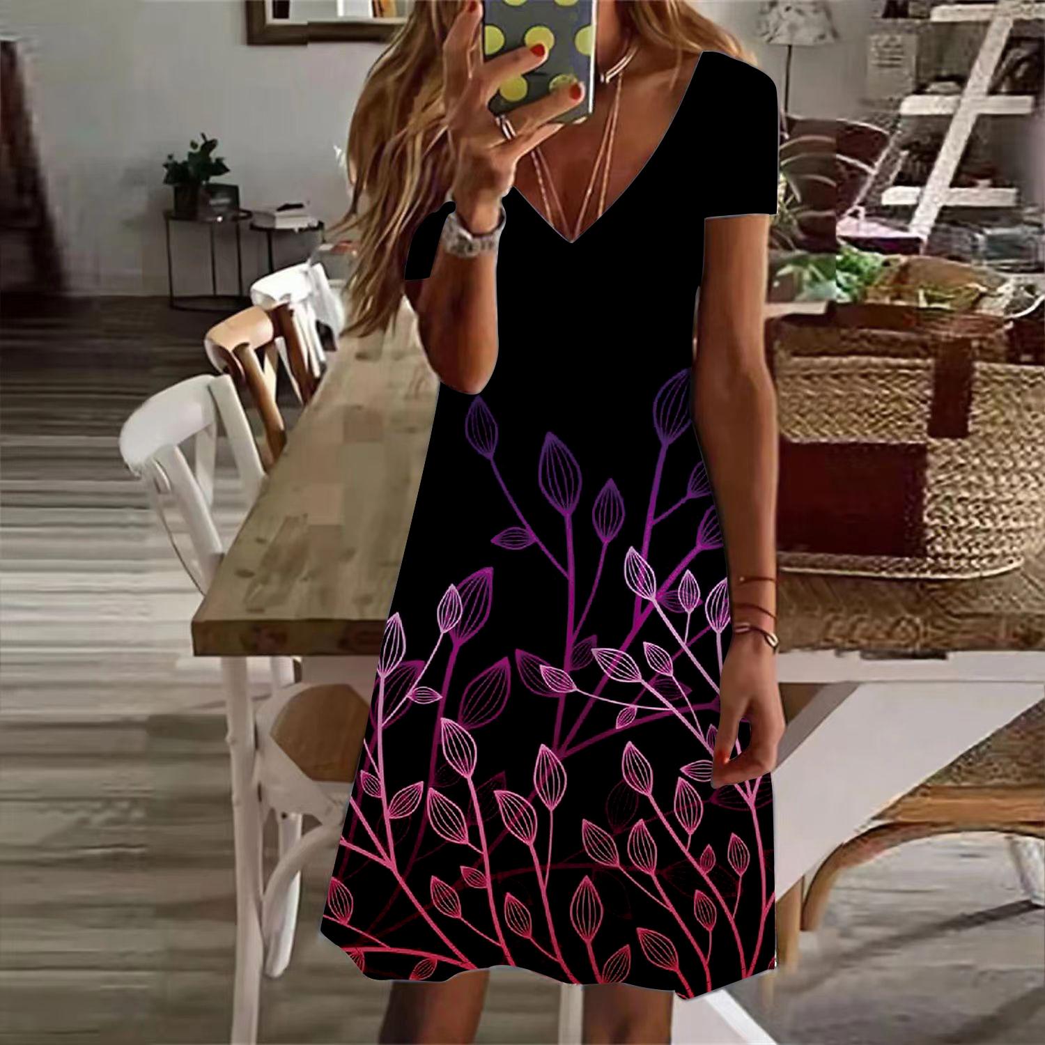 

Летняя мода женские V-образный вырез короткий рукав цветочный принт платье сексуальные короткие юбки платья 8XL фиолетовый