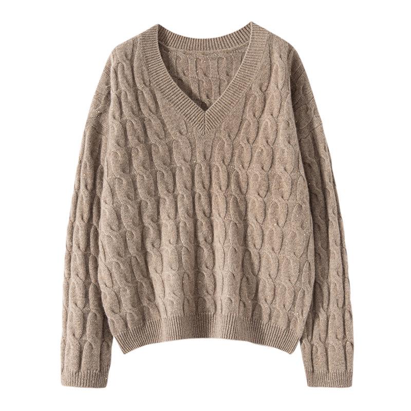 

Женский шерстяной свитер свободного кроя с V-образным вырезом и объемной вязкой «косы» - Повседневный пуловер на зиму 2024 One Size