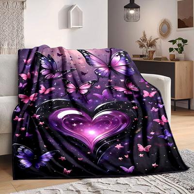 1pc Butterfly Heart Print Blanket Lightweight Flannel Throw Blanket For Sofa, Bed, Living Room, Office, Outdoor Travel, Camping