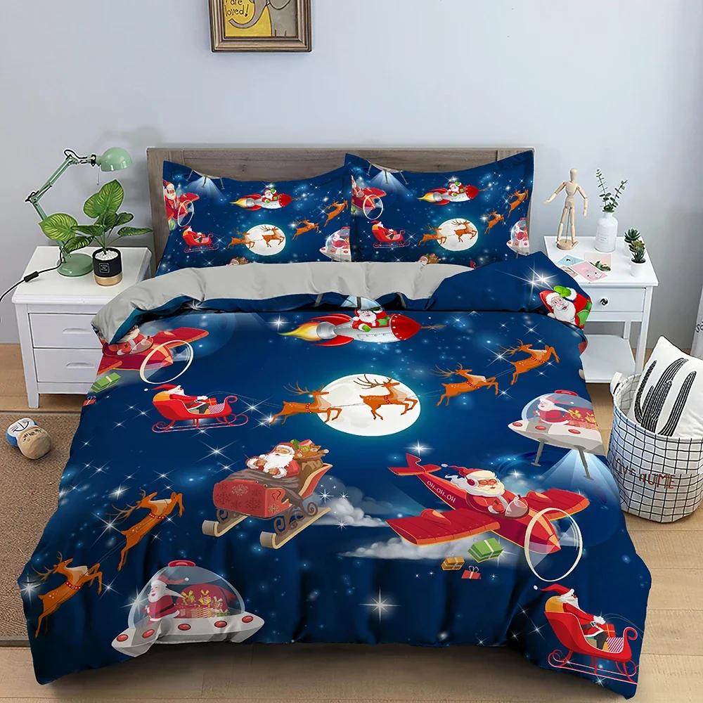 Santa Claus Pattern Bedding Set Christmas Deer Duver Cover Set for Kids Boys Girls Quilt Cover Queen Polyester Comforter Cover