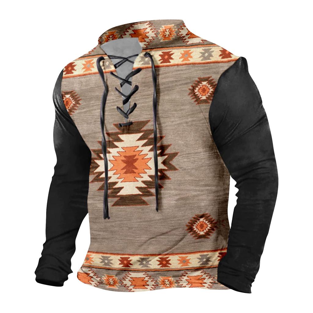 Men's Fashion Casual Printed Long Sleeve Bandage Retro Shirt Top Blouse