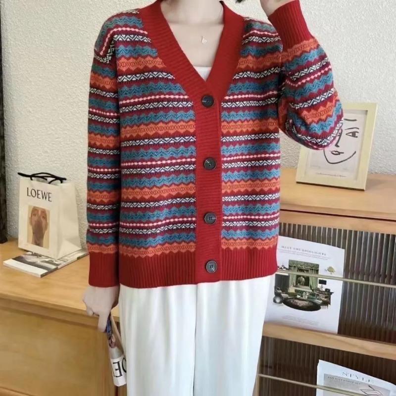 Sweaters Coat Cardigan for Women Winter Stripe Fleece Thickened Loose Long Sleeve Knit Sweaters Coat