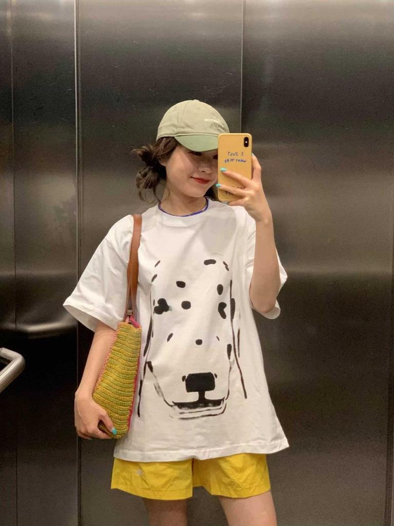 2025 Summer Women's Heavyweight Cotton Straight Shoulder Loose Half Sleeve T-Shirt