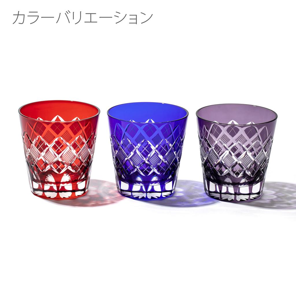 [Taimuro Workshop Official] Edo Kiriko Yarai Nanako Pattern Open-Top Old Fashioned Glass (Purple) TB90425M, in Wooden Box, Made in Japan