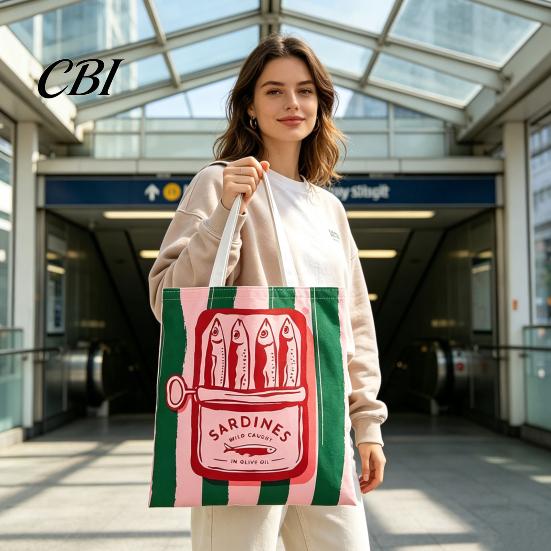 Durable Fabric School Bag Striped Canvas Tote, Sardine Can Pattern, Reusable Shopping Bag, Foldable Versatile Everyday Handbag Tote for Women Men Gym