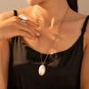 Stainless Steel Gold Plated Open Ring White Shell Oval Pendant Necklace Earrings Set Elegant Zircon Accessories for Women