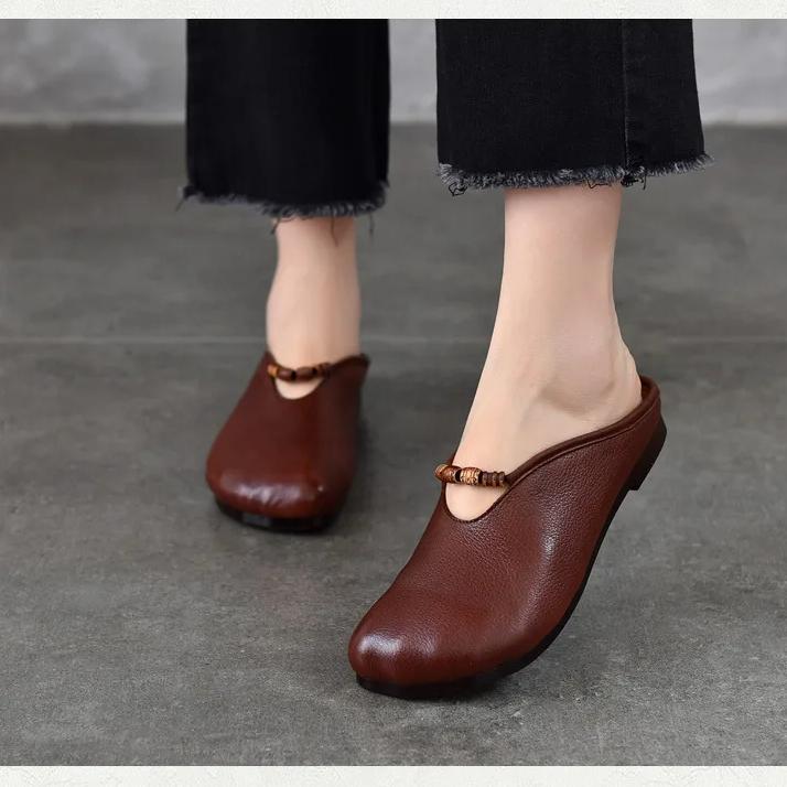 Johnature Women's Shoes Genuine Leather Flat Slippers Round Toe Versatile Casual Solid Color Outdoor Slides