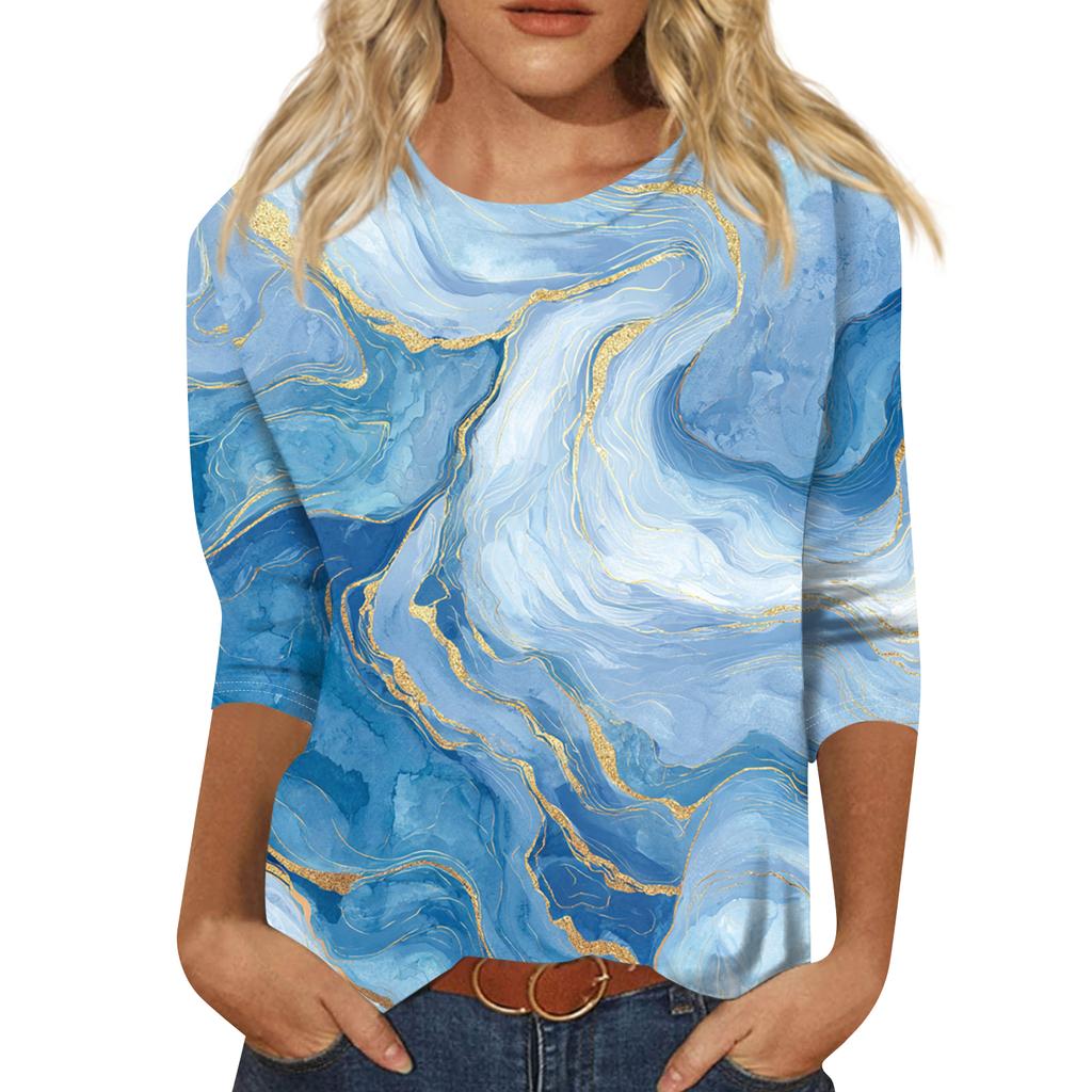 Women's Fashion Casual Round Neck Three-quarter Sleeve Gradient Print T-shirt Top