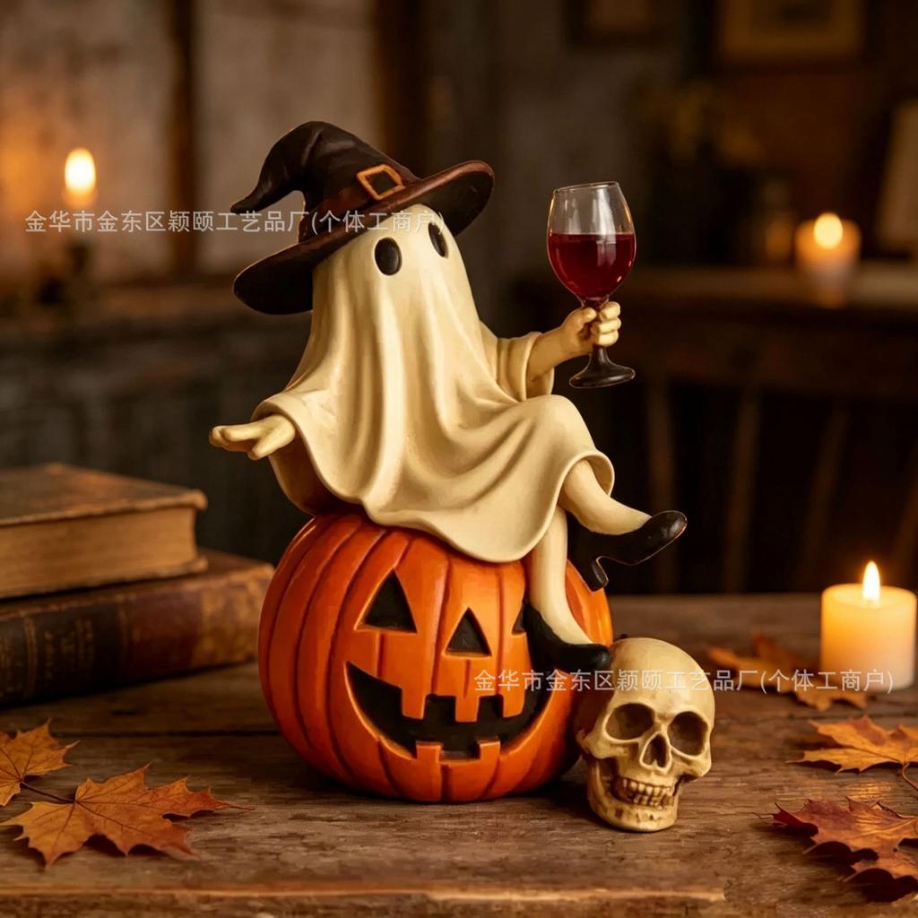 Ghost with a Wine Glass Resin Figure, Halloween Ghost Statue Holding Wine Cup, Funny Scary Decor, Tabletop Ornament for Home, Gift
