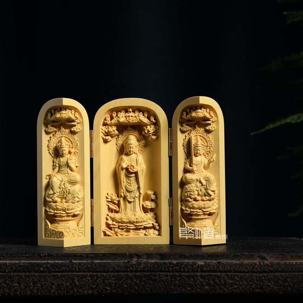 Buddhist Kannon wood miniature Buddhist Buddhist Buddhist ornament 10cm x width 13cm x depth statue, Sankaibutsu, statue, Manjusri, Kannon,
