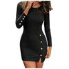 Women Fashion Casual Color Side Slit Sexy Slim Button Long-sleeved Knitted Dress