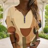 Women Plus Size Beige Brown Geometric Printed V Neck Half Zip Long Sleeve Sweatshirt