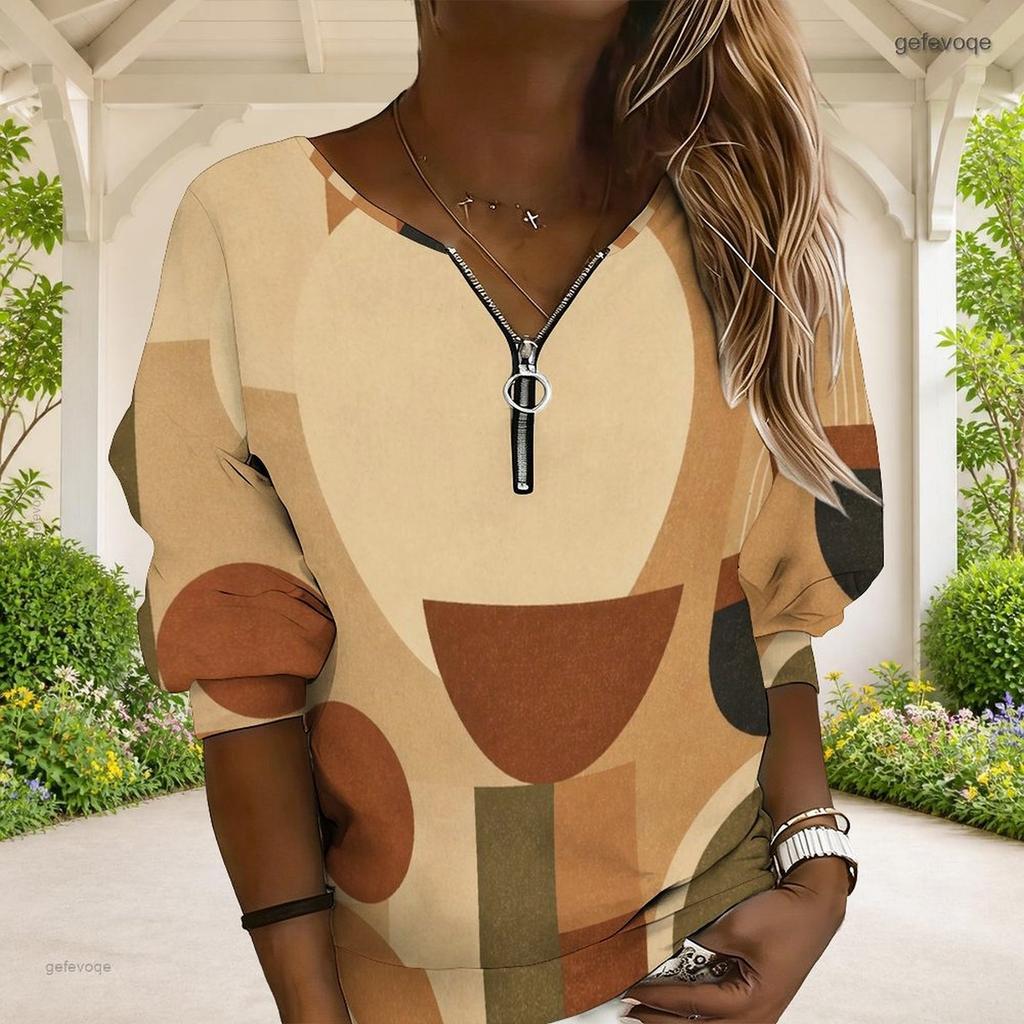 Women Plus Size Beige Brown Geometric Printed V Neck Half Zip Long Sleeve Sweatshirt