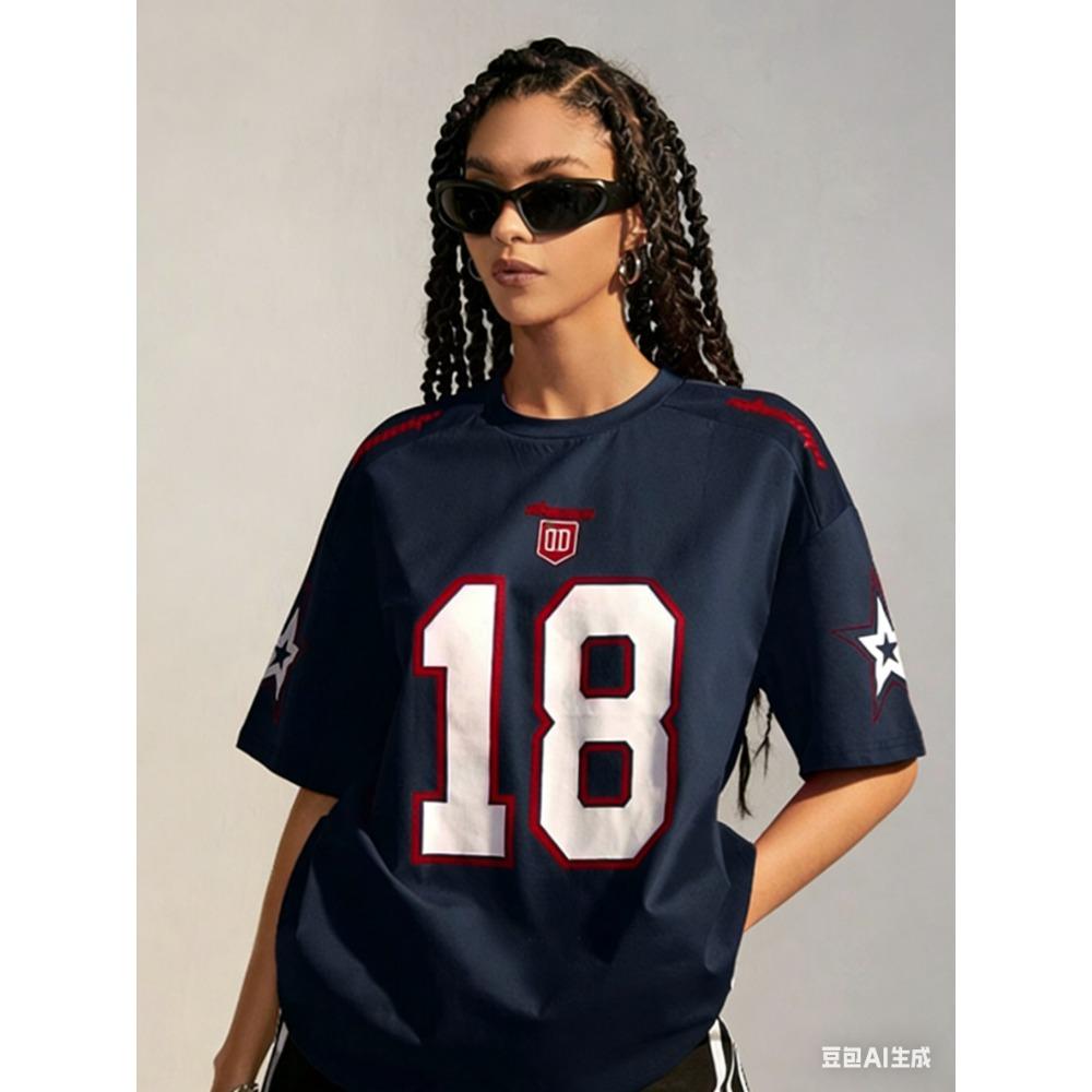 Summer retro blue printed women's round neck short sleeved sports football shirt Y2K loose oversized top