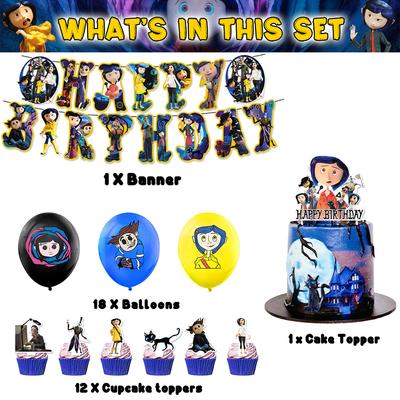 32pcs Coraline Birthday Party Supplies Includes Cake Topper Banner Balloons