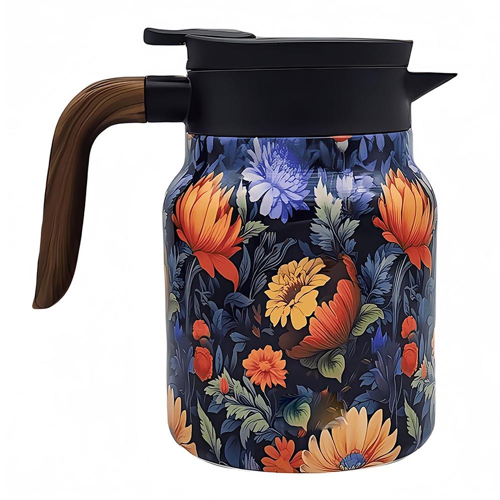 Kitchen Tea Kettle 800ml Retro Floral Tea Kettle Stainless Steel with Infuser Tea Separation Thermal Insulation Pot Wood Handle