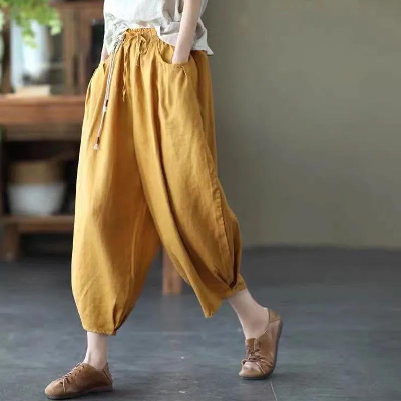 Women's Dopamine Retro Zen Style Elastic Waist Cotton Linen Cropped Harem Pants for Spring Summer