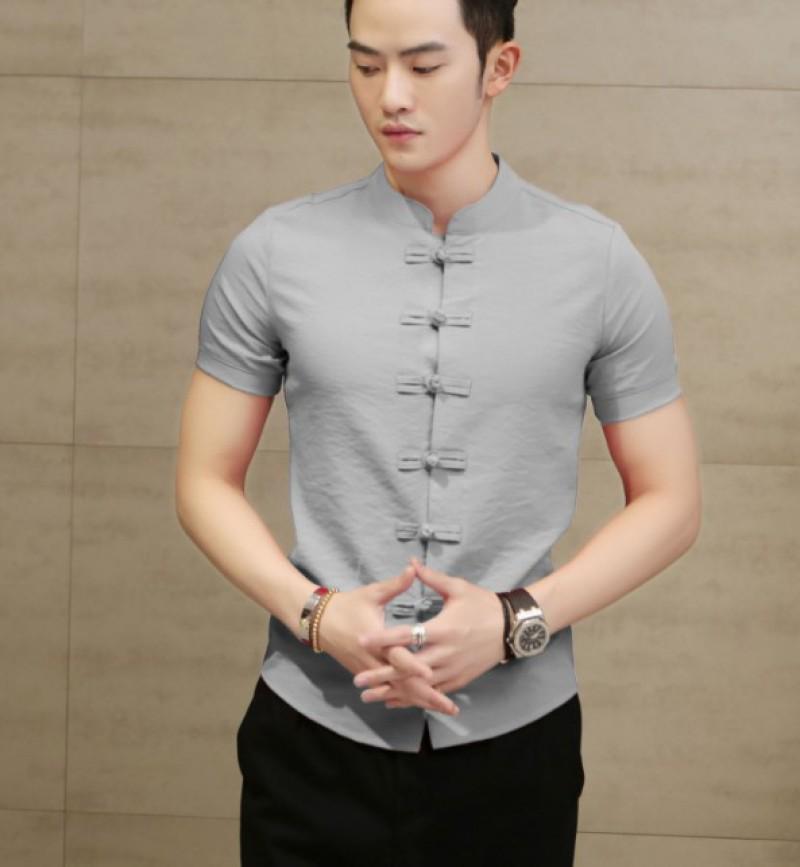 Men's 2024 Summer Chinese Style Frog Button Stand Collar Short Sleeve Plus Size Shirt
